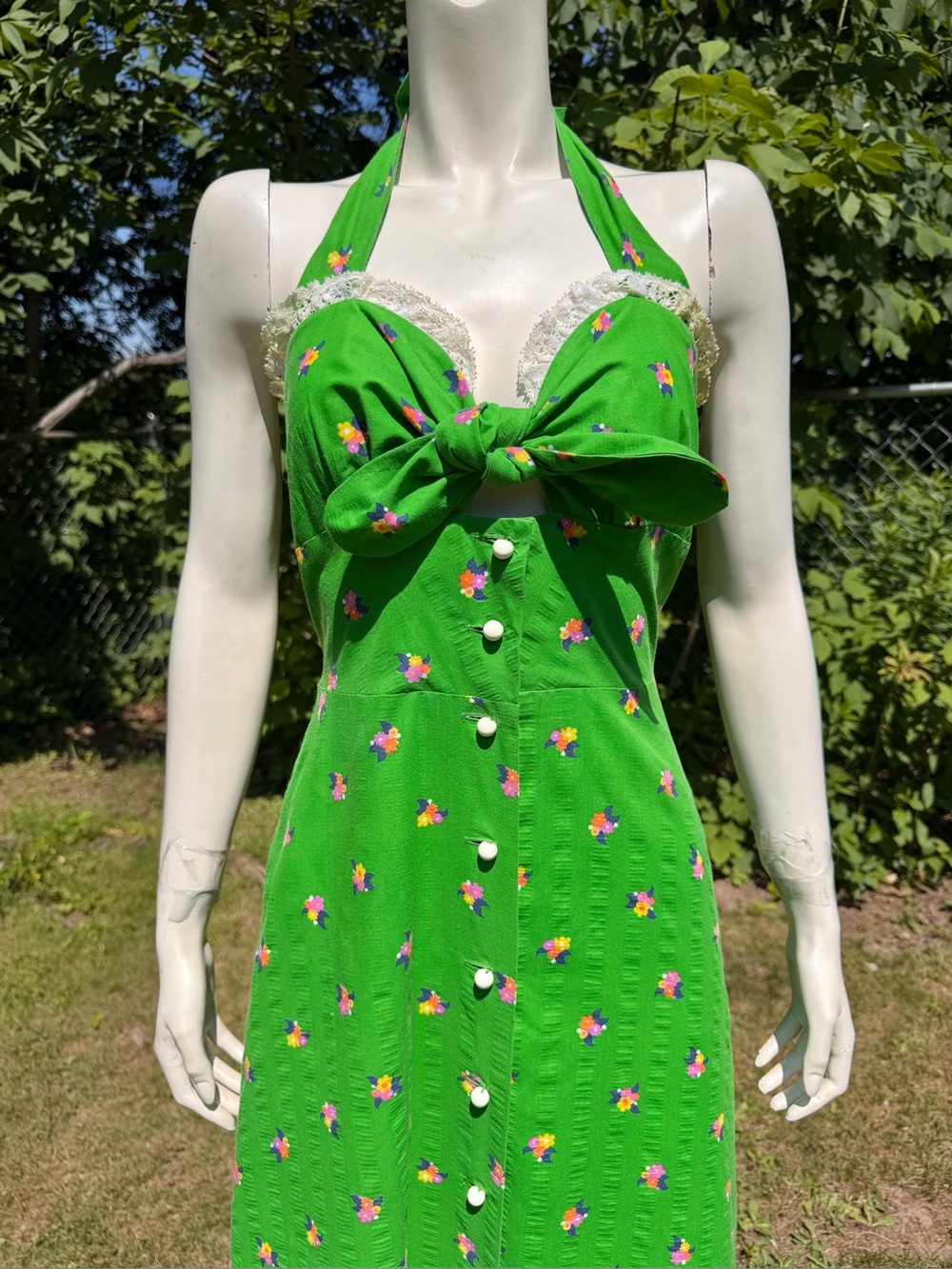 Vintage GREEN HALTER DRESS Puff Sleeve Jacket 1970s Prairie Floral Nancy B M/L